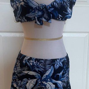NEW - Indigo Garden Front-Tie Bikini Top and Skirted High-Waist Bikini Bottoms